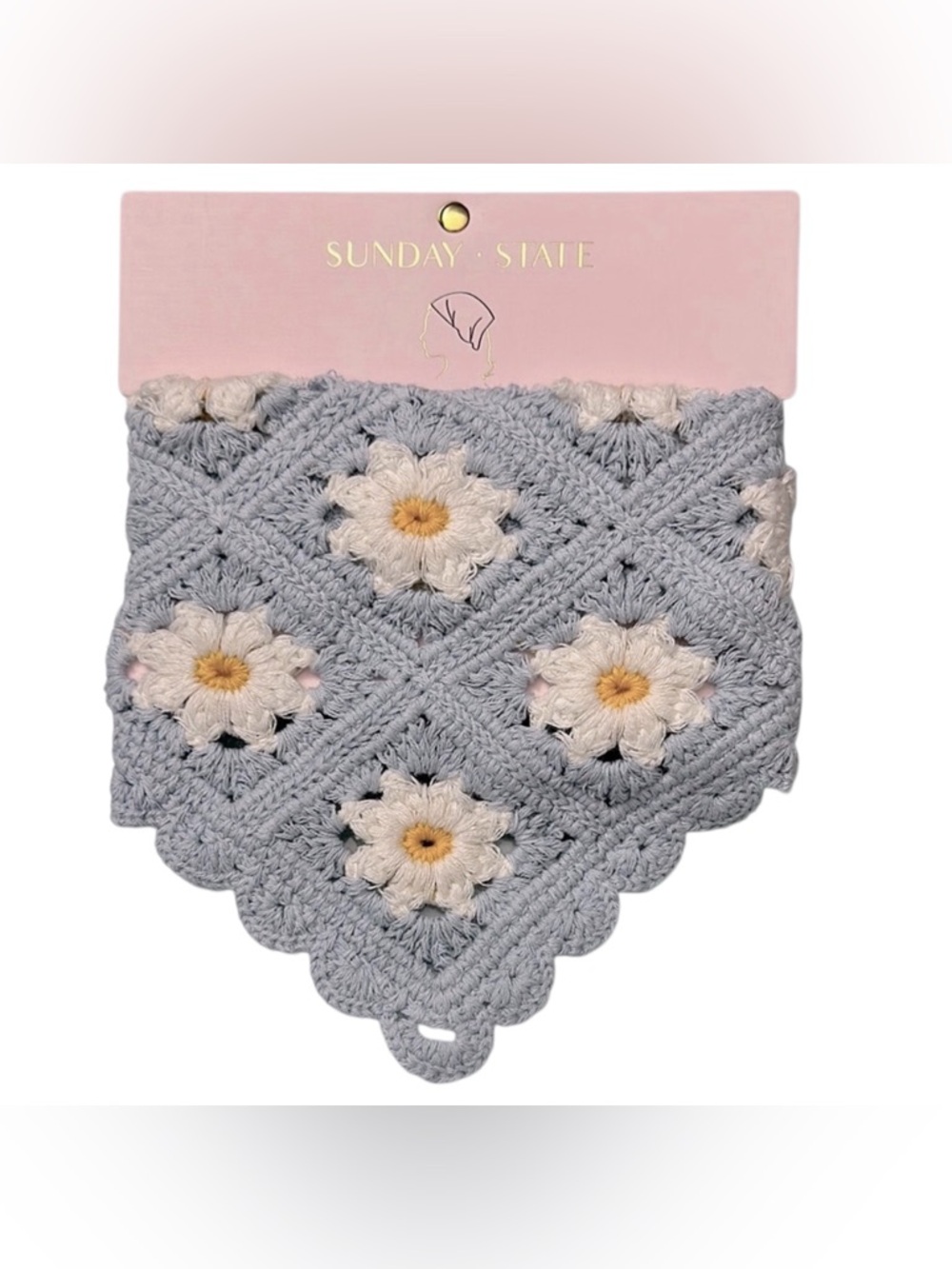 NWT Sunday State Crocheted Daisy Bandana Scarf in Light Blue & Cream